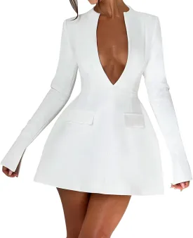 LuFeng Women's Long Sleeve Sexy Deep V Neck Zipper A-line Mini Dress Hollow Bodycon Night Out Party Dress