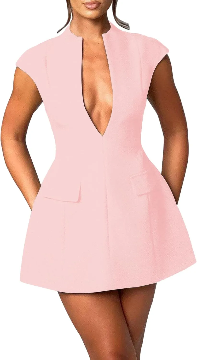 LuFeng Women's Summer Sexy Cap Sleeve Deep V Neck Zipper A-line Mini Dress Hollow Bodycon Night Out Party Dress