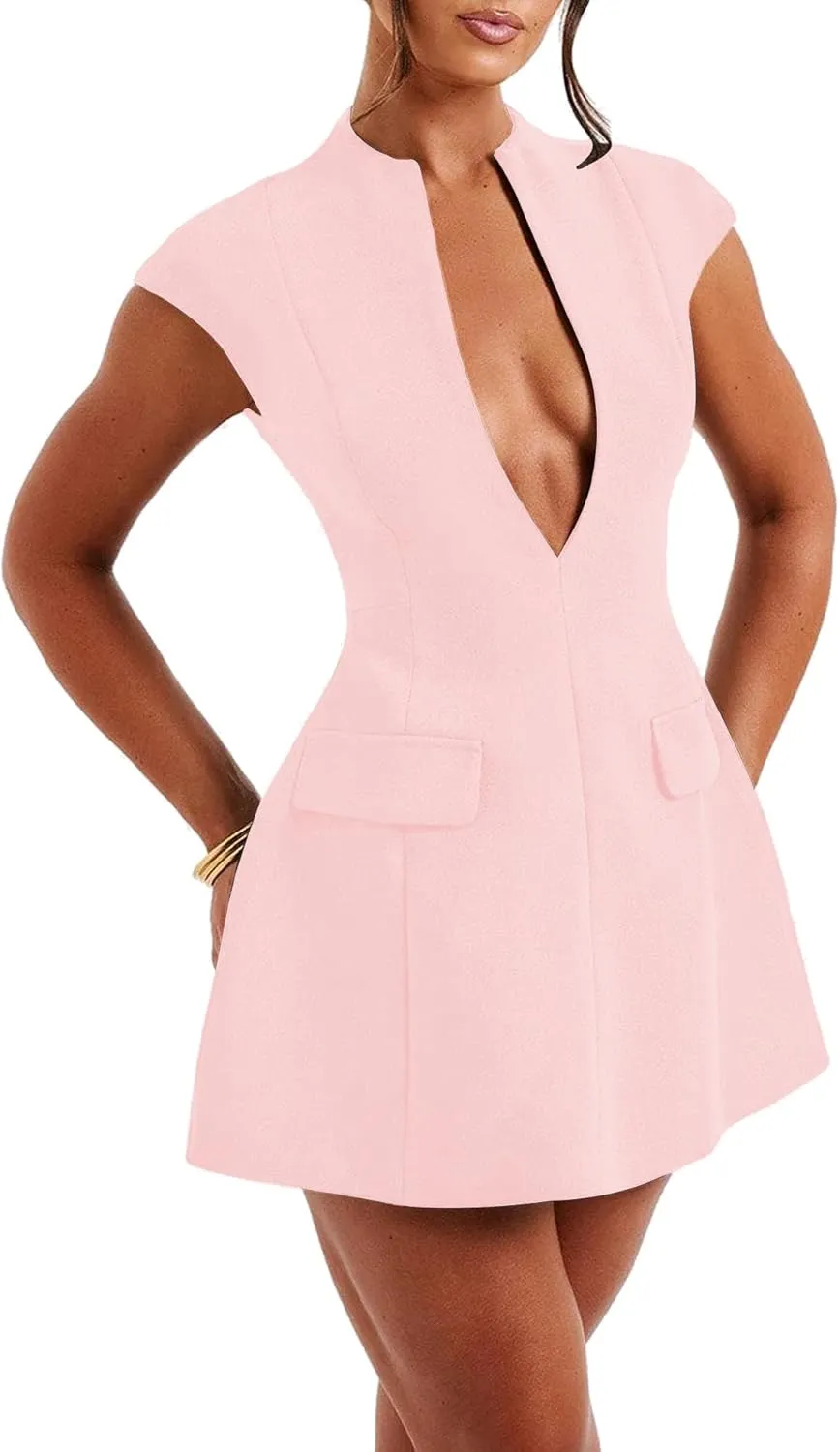 LuFeng Women's Summer Sexy Cap Sleeve Deep V Neck Zipper A-line Mini Dress Hollow Bodycon Night Out Party Dress