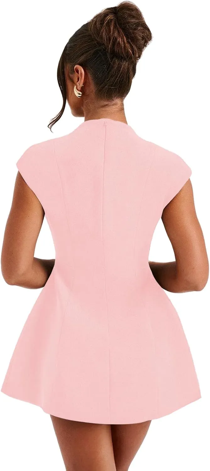 LuFeng Women's Summer Sexy Cap Sleeve Deep V Neck Zipper A-line Mini Dress Hollow Bodycon Night Out Party Dress