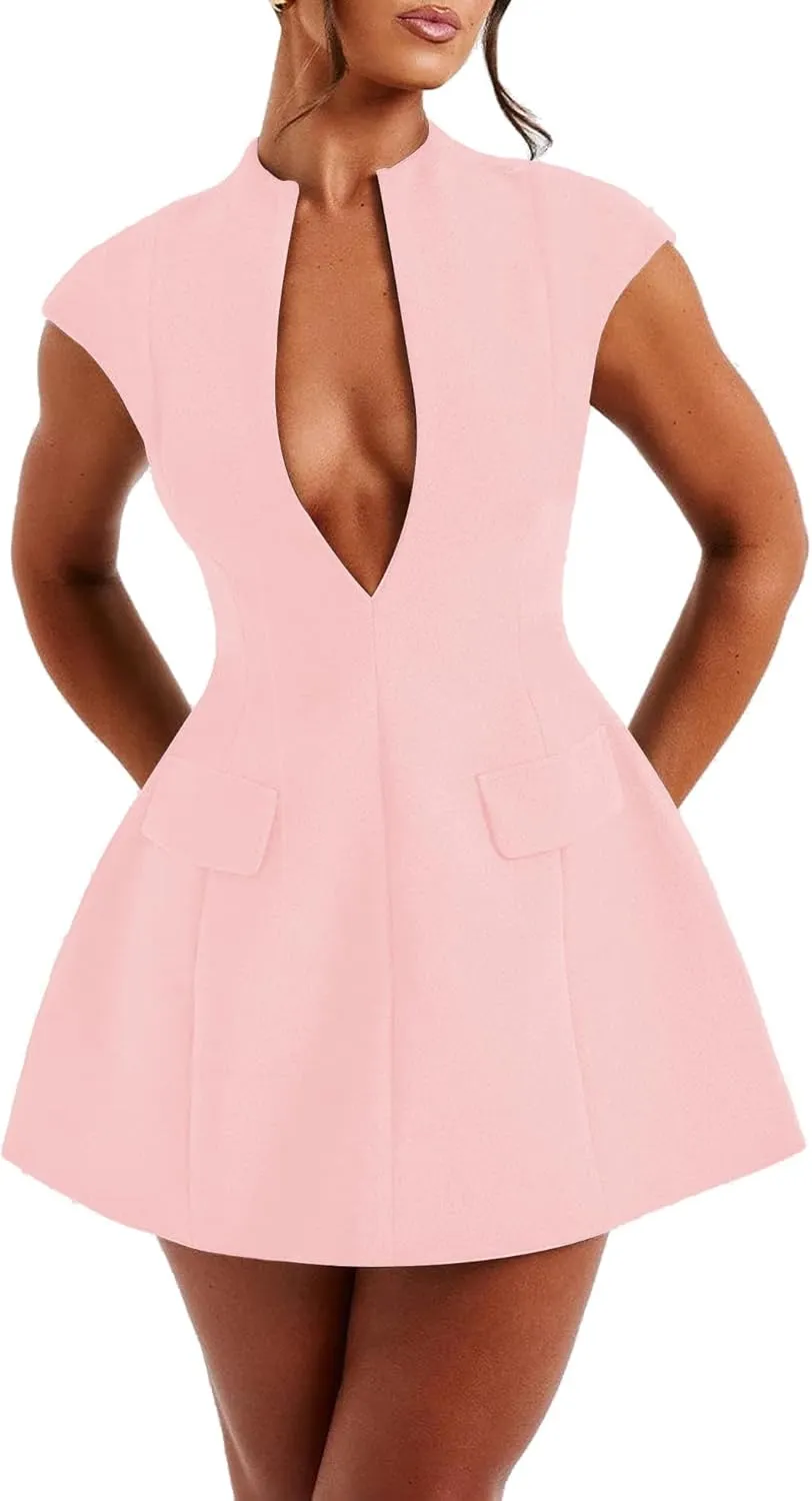 LuFeng Women's Summer Sexy Cap Sleeve Deep V Neck Zipper A-line Mini Dress Hollow Bodycon Night Out Party Dress