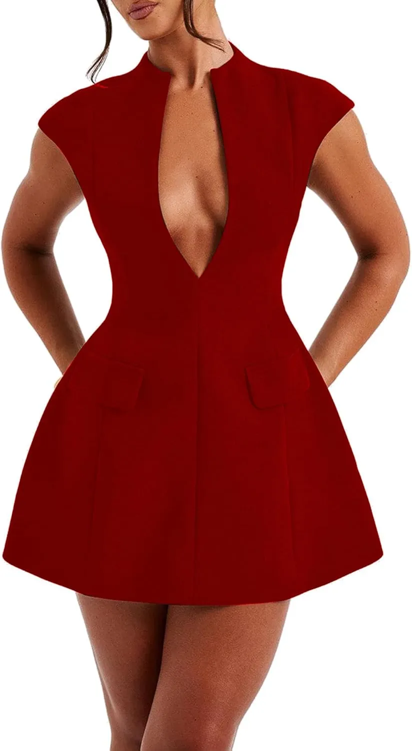 LuFeng Women's Summer Sexy Cap Sleeve Deep V Neck Zipper A-line Mini Dress Hollow Bodycon Night Out Party Dress