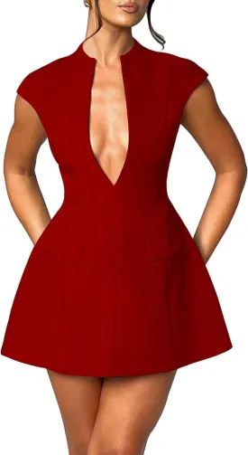 LuFeng Women's Summer Sexy Cap Sleeve Deep V Neck Zipper A-line Mini Dress Hollow Bodycon Night Out Party Dress