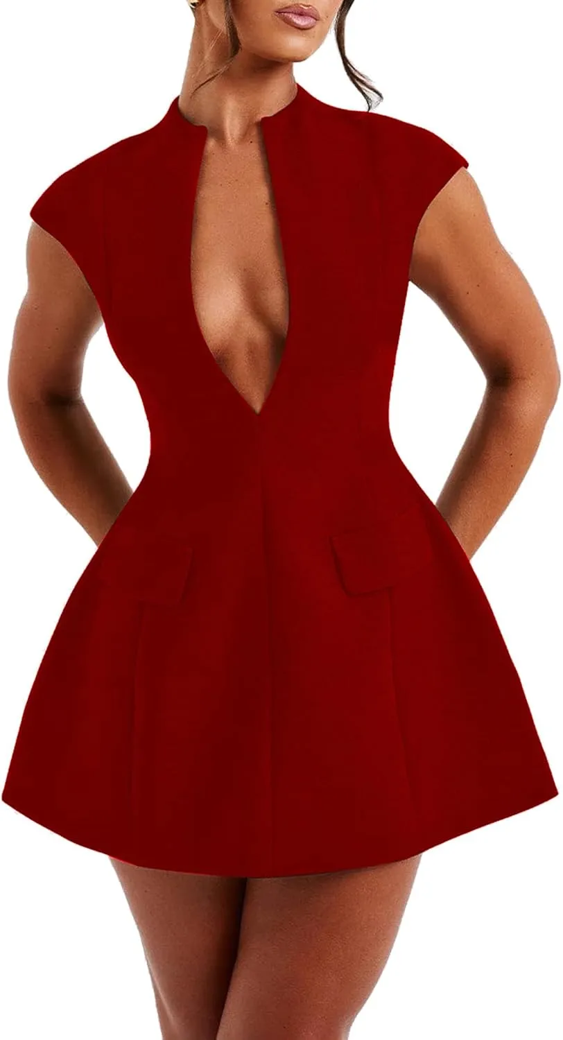 LuFeng Women's Summer Sexy Cap Sleeve Deep V Neck Zipper A-line Mini Dress Hollow Bodycon Night Out Party Dress