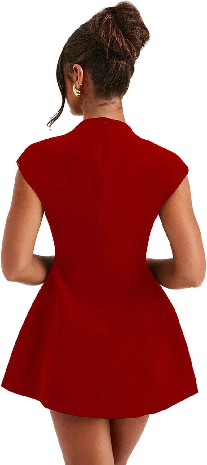 LuFeng Women's Summer Sexy Cap Sleeve Deep V Neck Zipper A-line Mini Dress Hollow Bodycon Night Out Party Dress