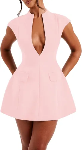 LuFeng Women's Summer Sexy Cap Sleeve Deep V Neck Zipper A-line Mini Dress Hollow Bodycon Night Out Party Dress