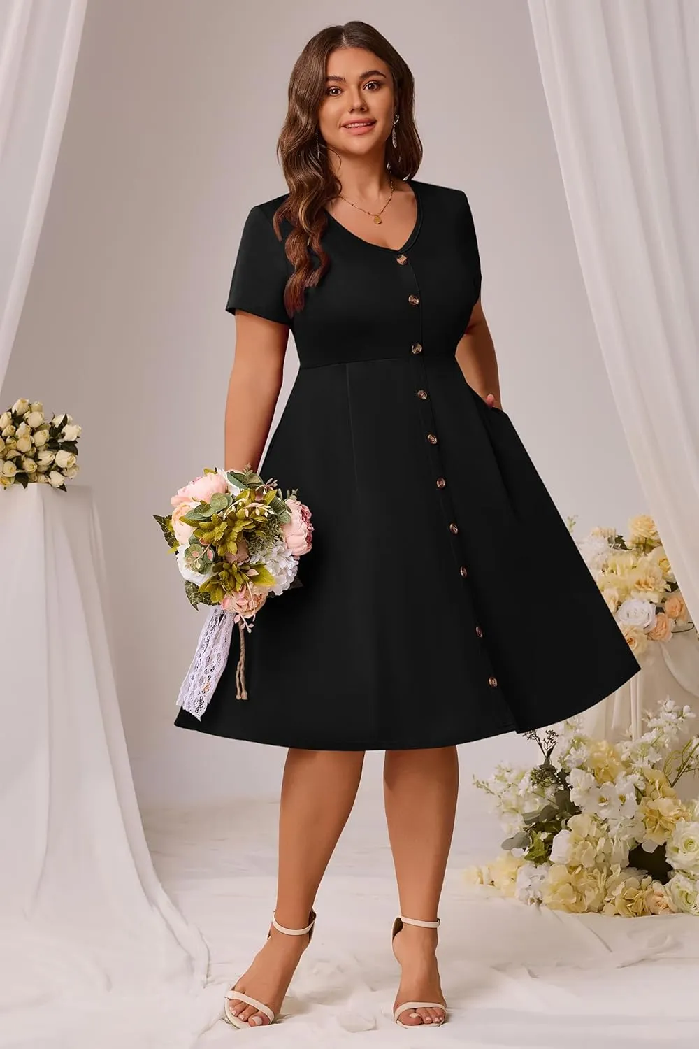 Nmoder Plus Size Dresses Women A-Line Swing Dress Short Sleeve Midi Casual Summer Cocktail Party with Pockets