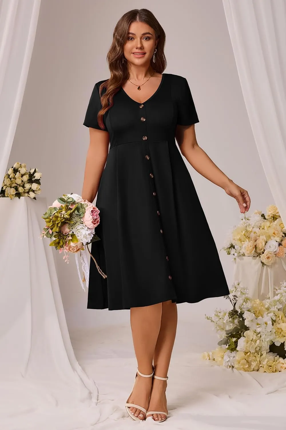 Nmoder Plus Size Dresses Women A-Line Swing Dress Short Sleeve Midi Casual Summer Cocktail Party with Pockets
