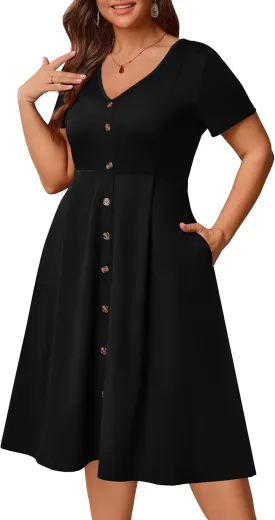 Nmoder Plus Size Dresses Women A-Line Swing Dress Short Sleeve Midi Casual Summer Cocktail Party with Pockets
