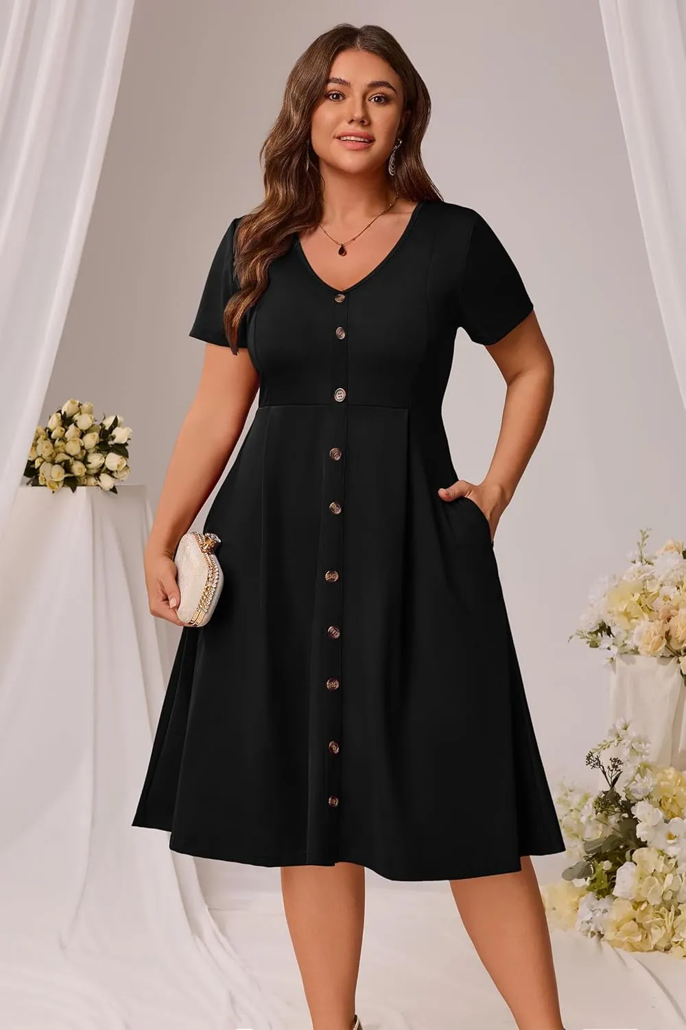 Nmoder Plus Size Dresses Women A-Line Swing Dress Short Sleeve Midi Casual Summer Cocktail Party with Pockets