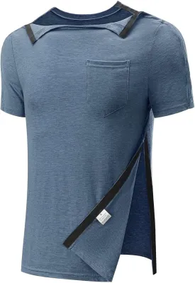 Poriff Men's Post Shoulder Surgery Recovery Shirts Full Tear Away Short Sleeve Snap Chemo Port Access Shirt