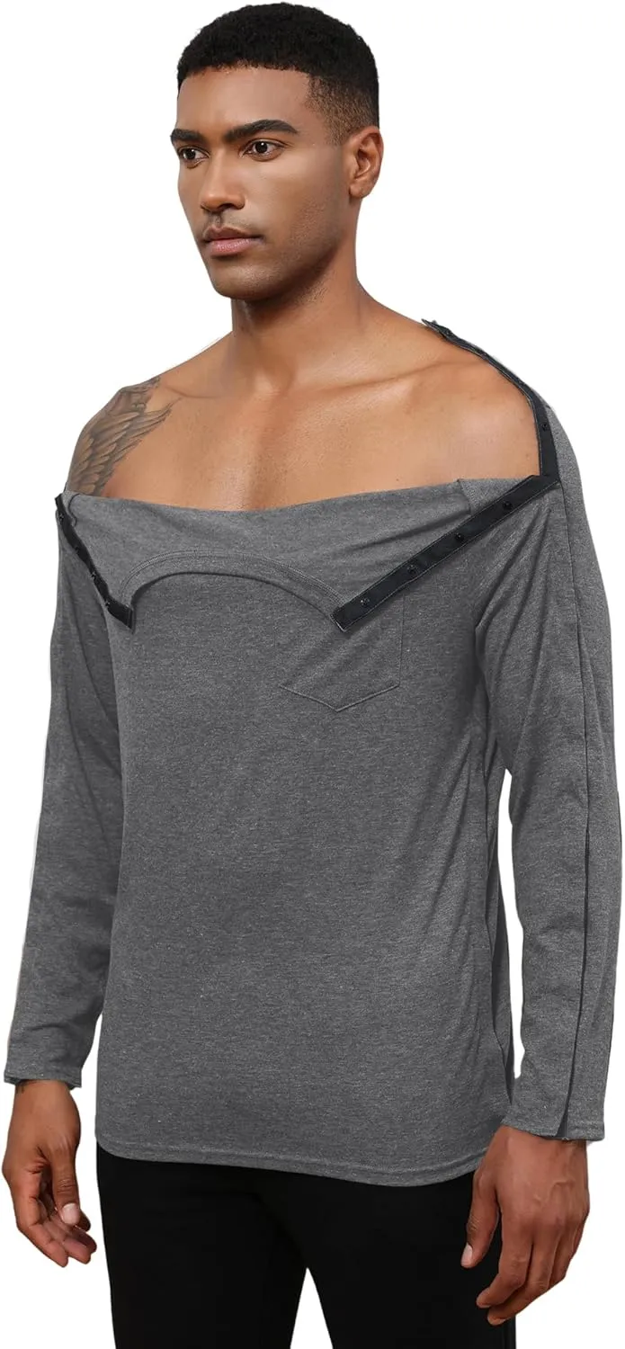 Poriff Unisex Post Shuolder Surgery Shirts for Recovery Full Tear Away Snap Long Sleeve Men Chemo Port Shirts for Women