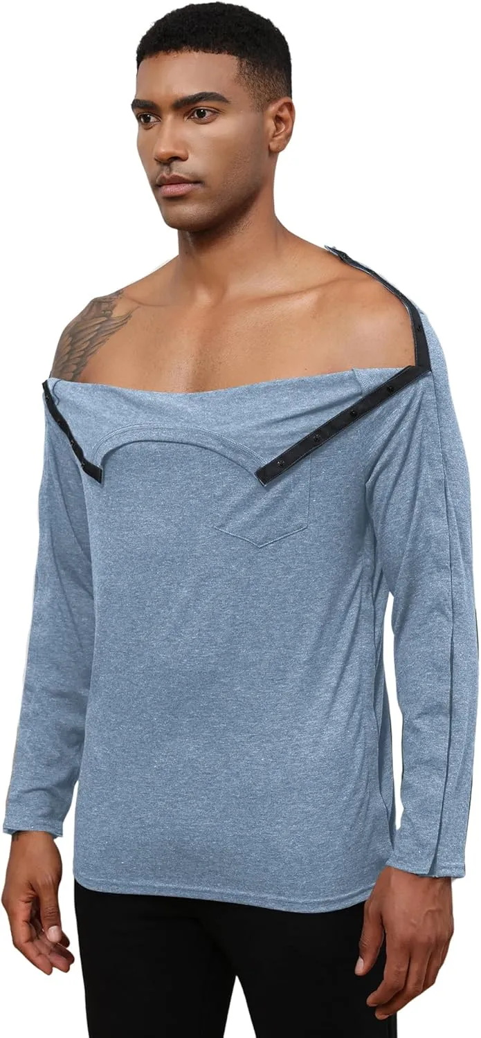 Poriff Unisex Post Shuolder Surgery Shirts for Recovery Full Tear Away Snap Long Sleeve Men Chemo Port Shirts for Women