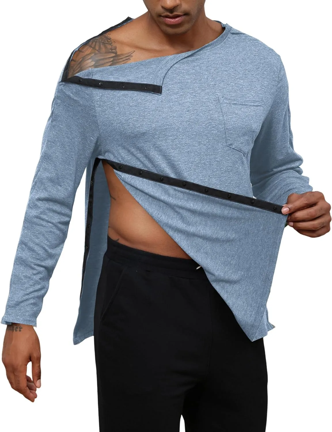 Poriff Unisex Post Shuolder Surgery Shirts for Recovery Full Tear Away Snap Long Sleeve Men Chemo Port Shirts for Women