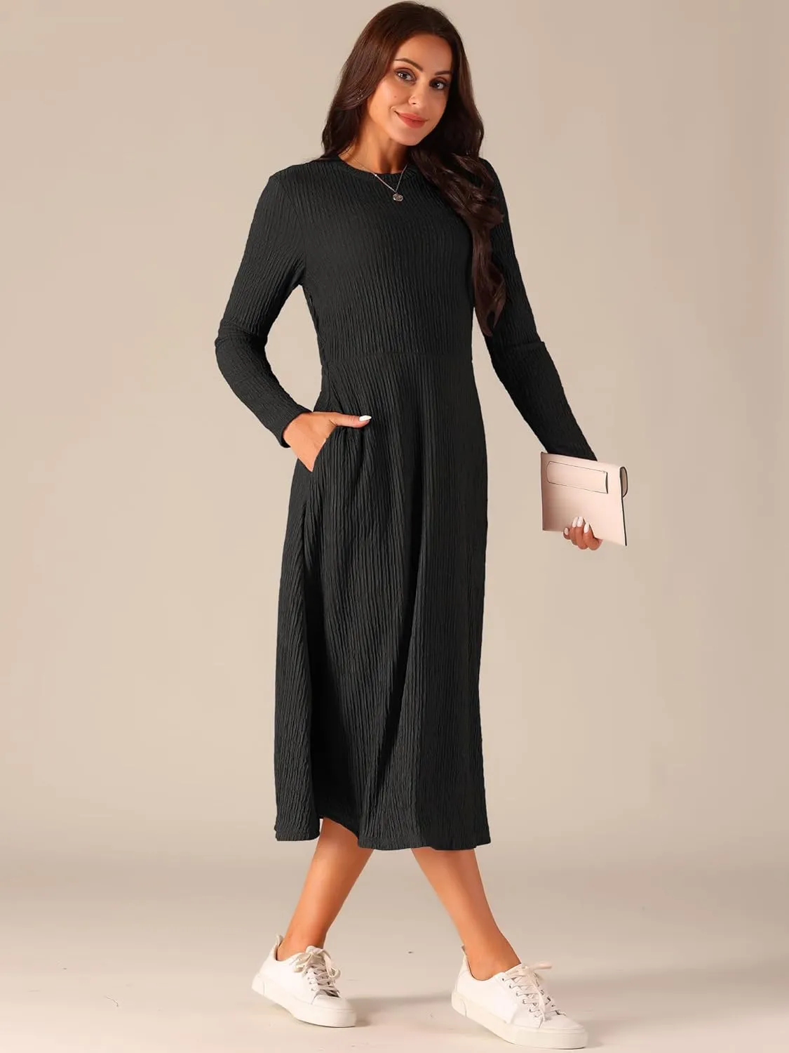 Seta T Women's Fall Dresses Long Sleeve Round Neck Casual Knit A-Line Midi Dress