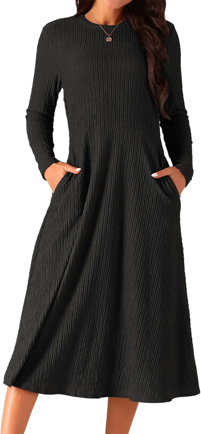 Seta T Women's Fall Dresses Long Sleeve Round Neck Casual Knit A-Line Midi Dress