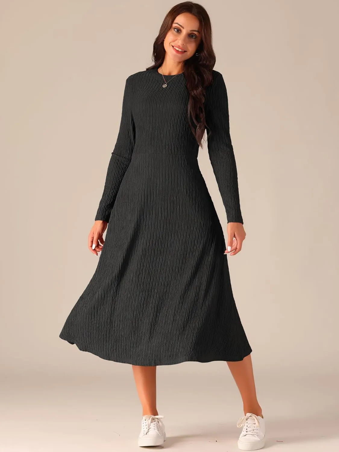 Seta T Women's Fall Dresses Long Sleeve Round Neck Casual Knit A-Line Midi Dress