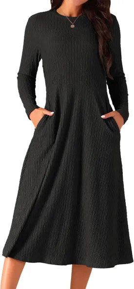 Seta T Women's Fall Dresses Long Sleeve Round Neck Casual Knit A-Line Midi Dress