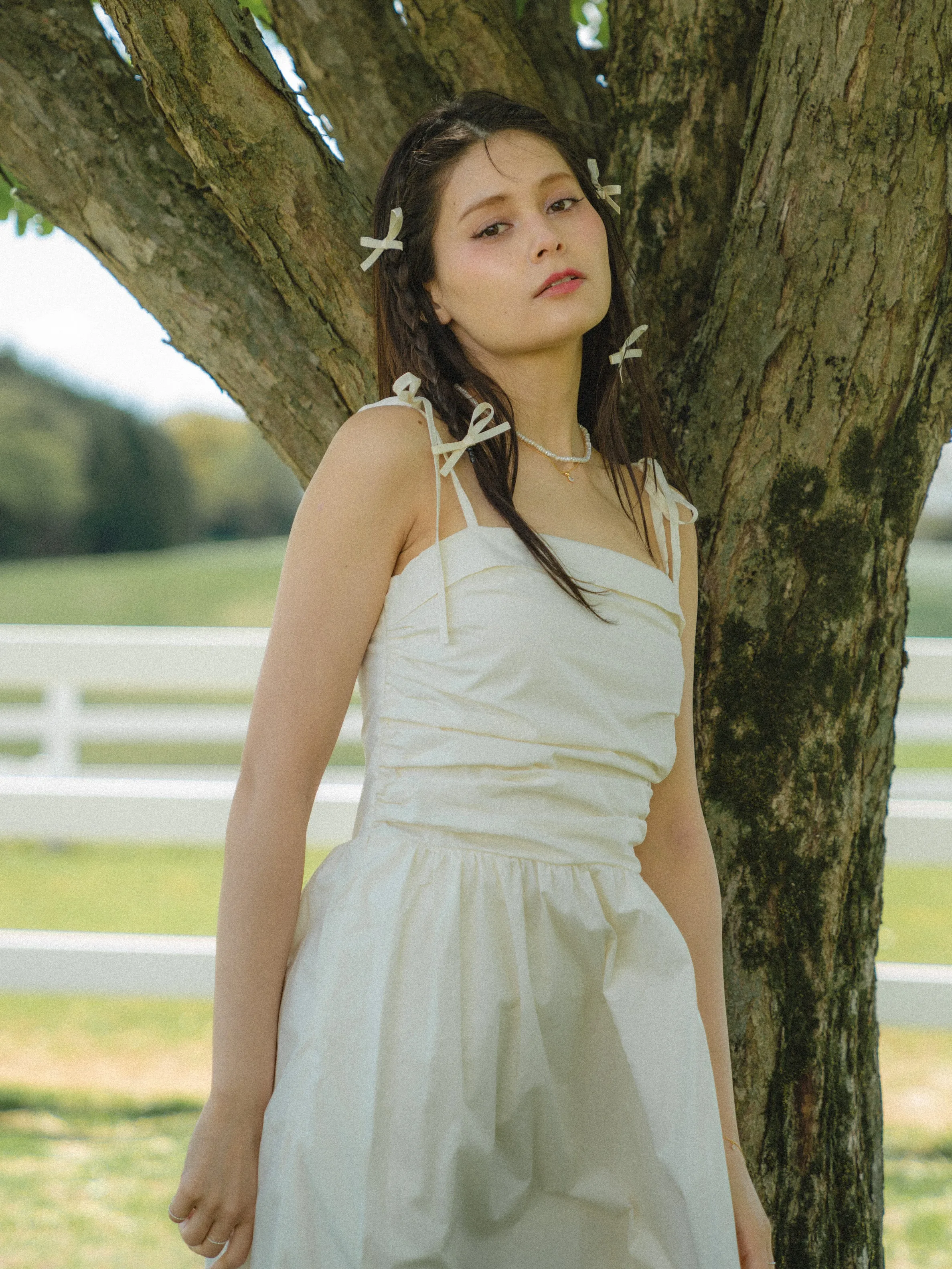 Shoulder Ribbon Gather Dress