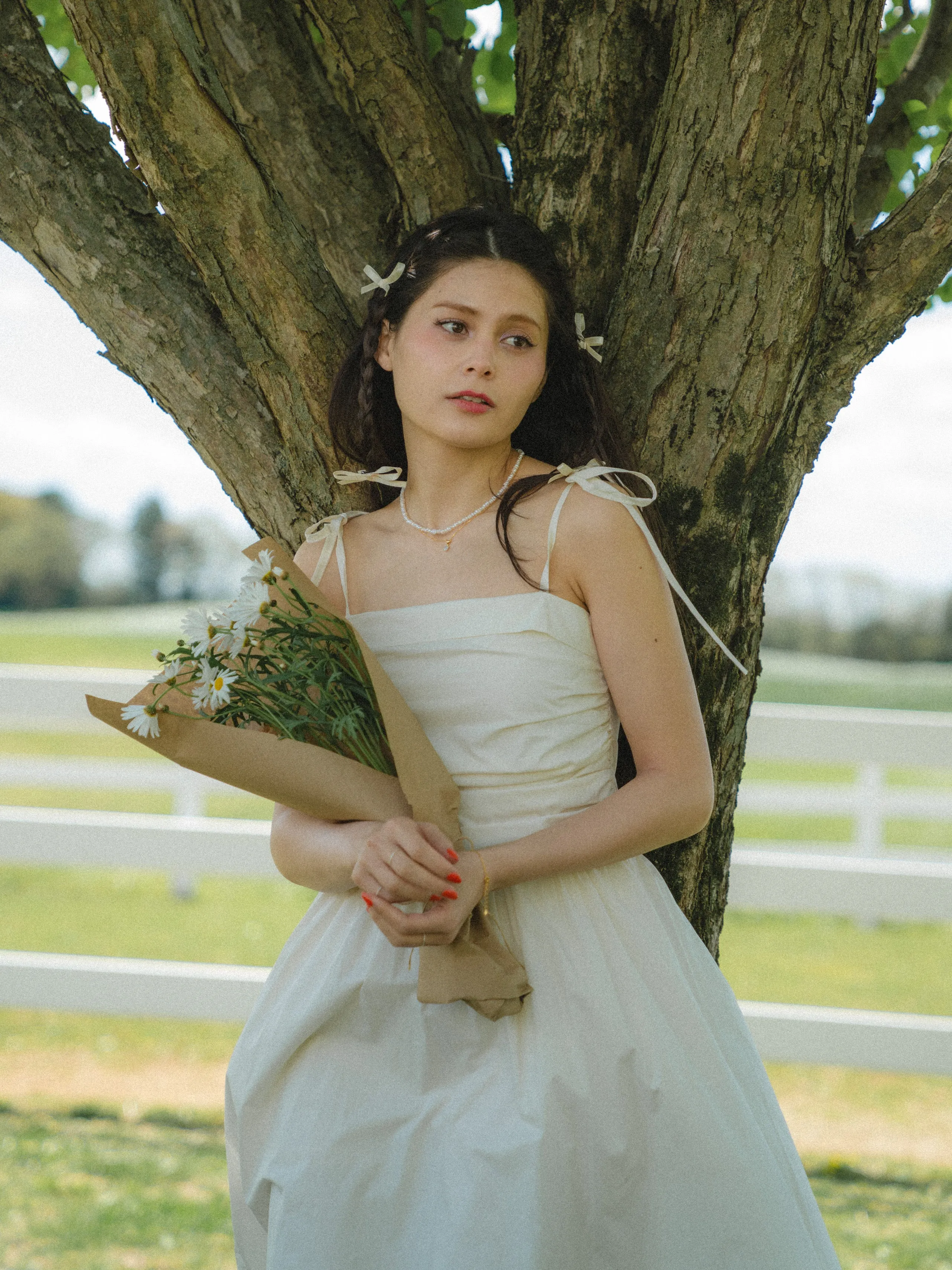 Shoulder Ribbon Gather Dress