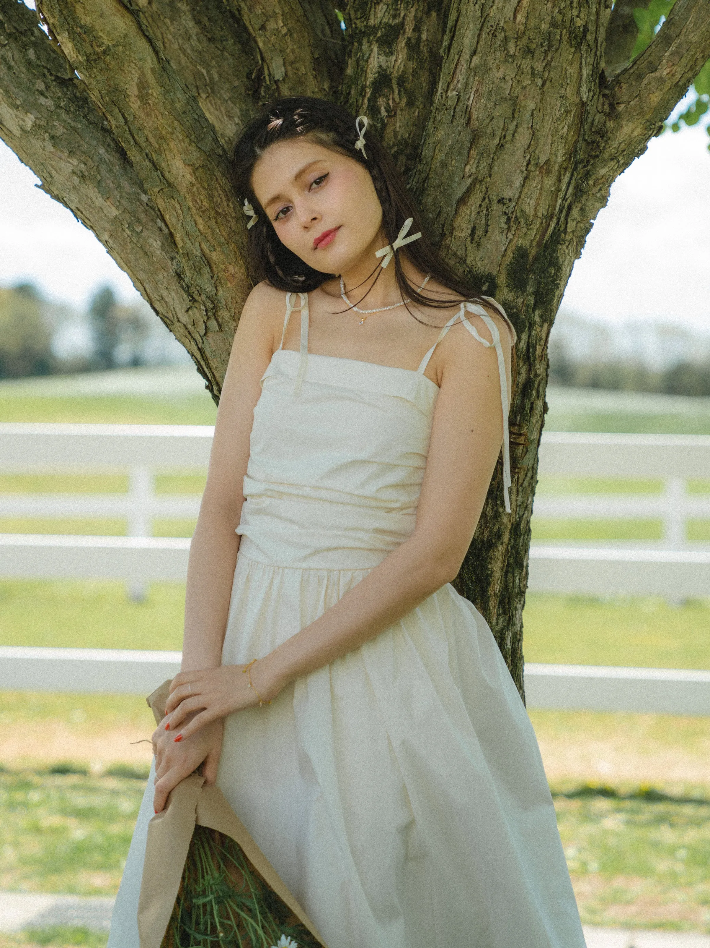 Shoulder Ribbon Gather Dress