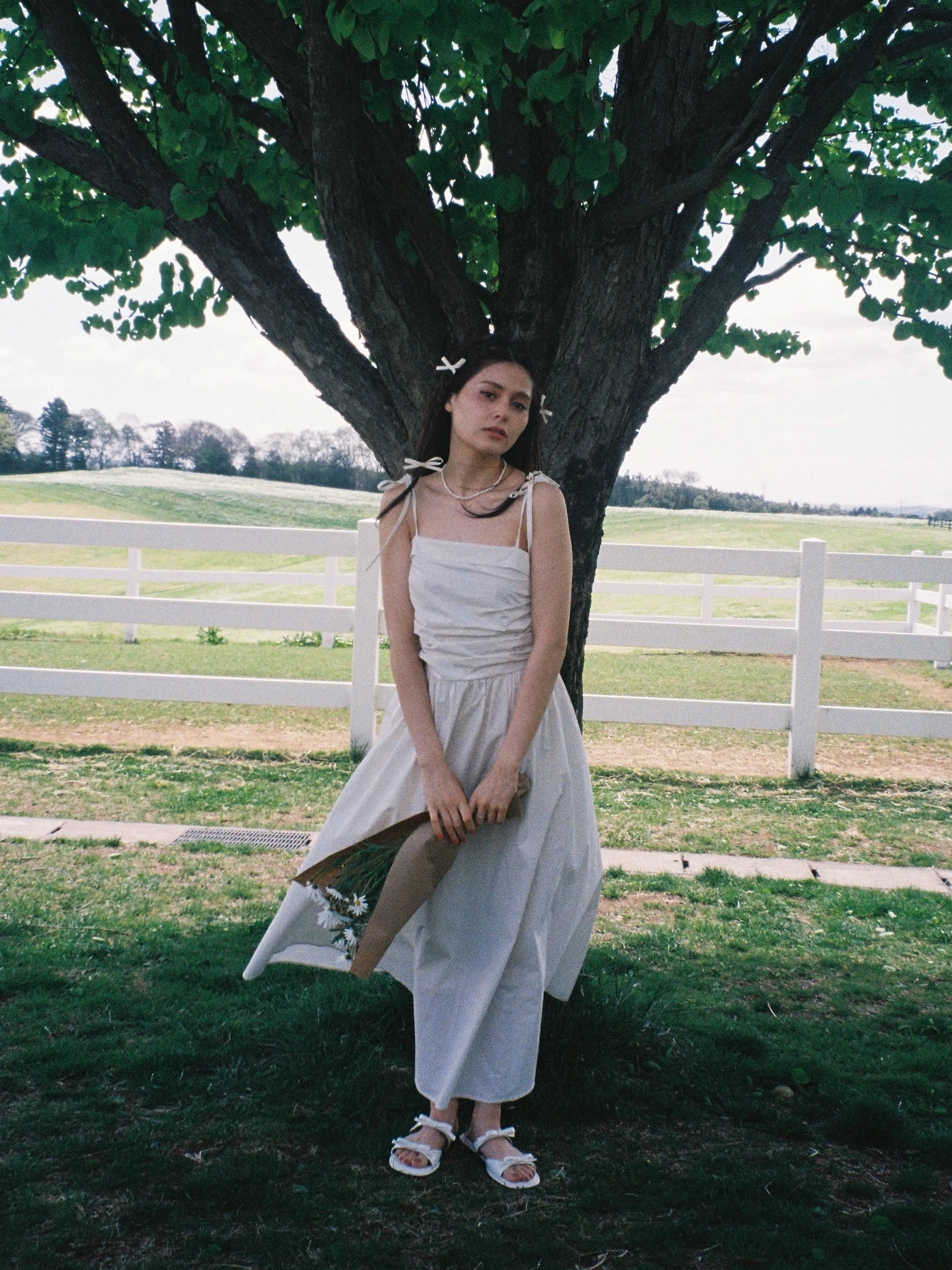 Shoulder Ribbon Gather Dress