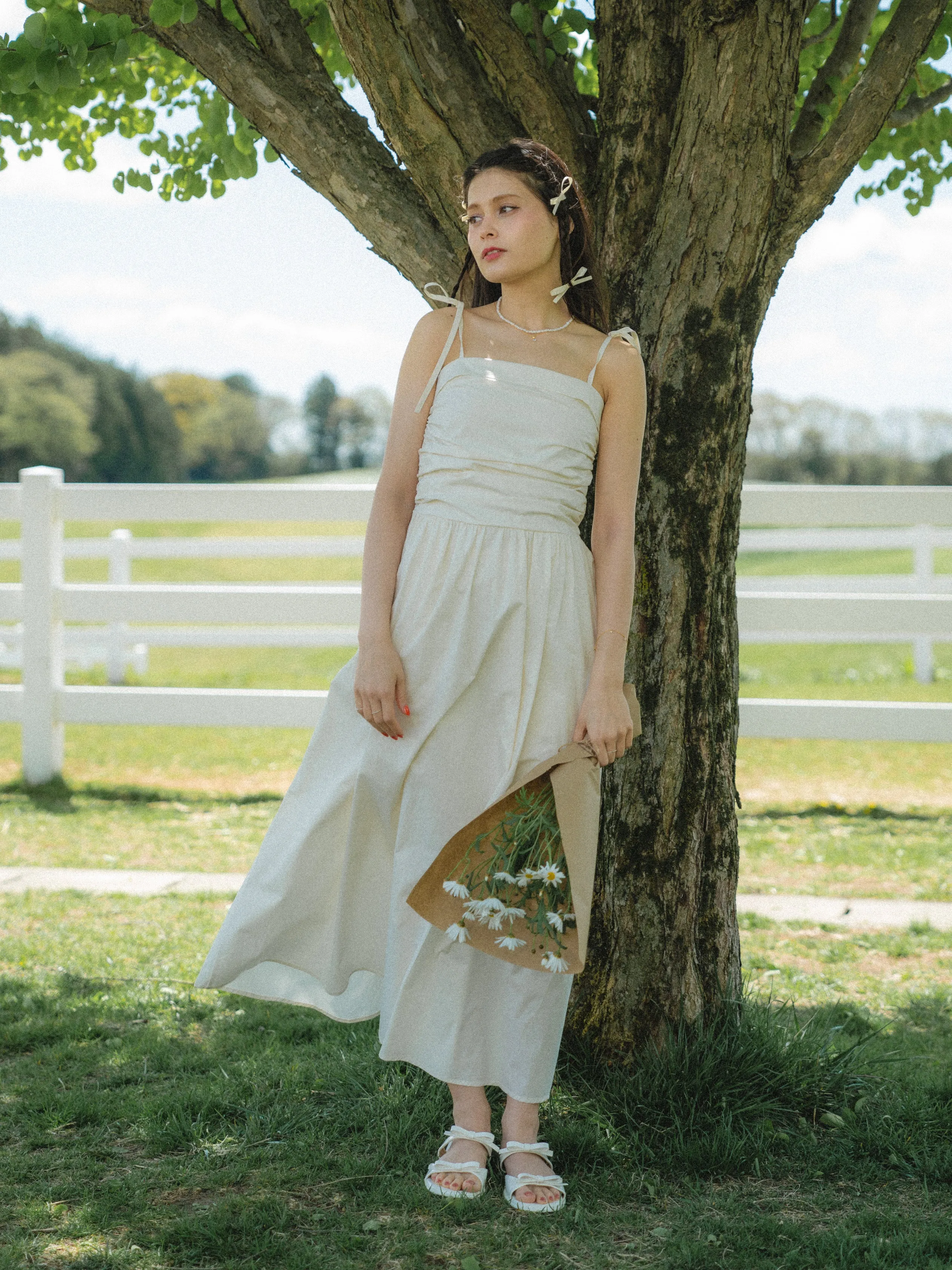 Shoulder Ribbon Gather Dress