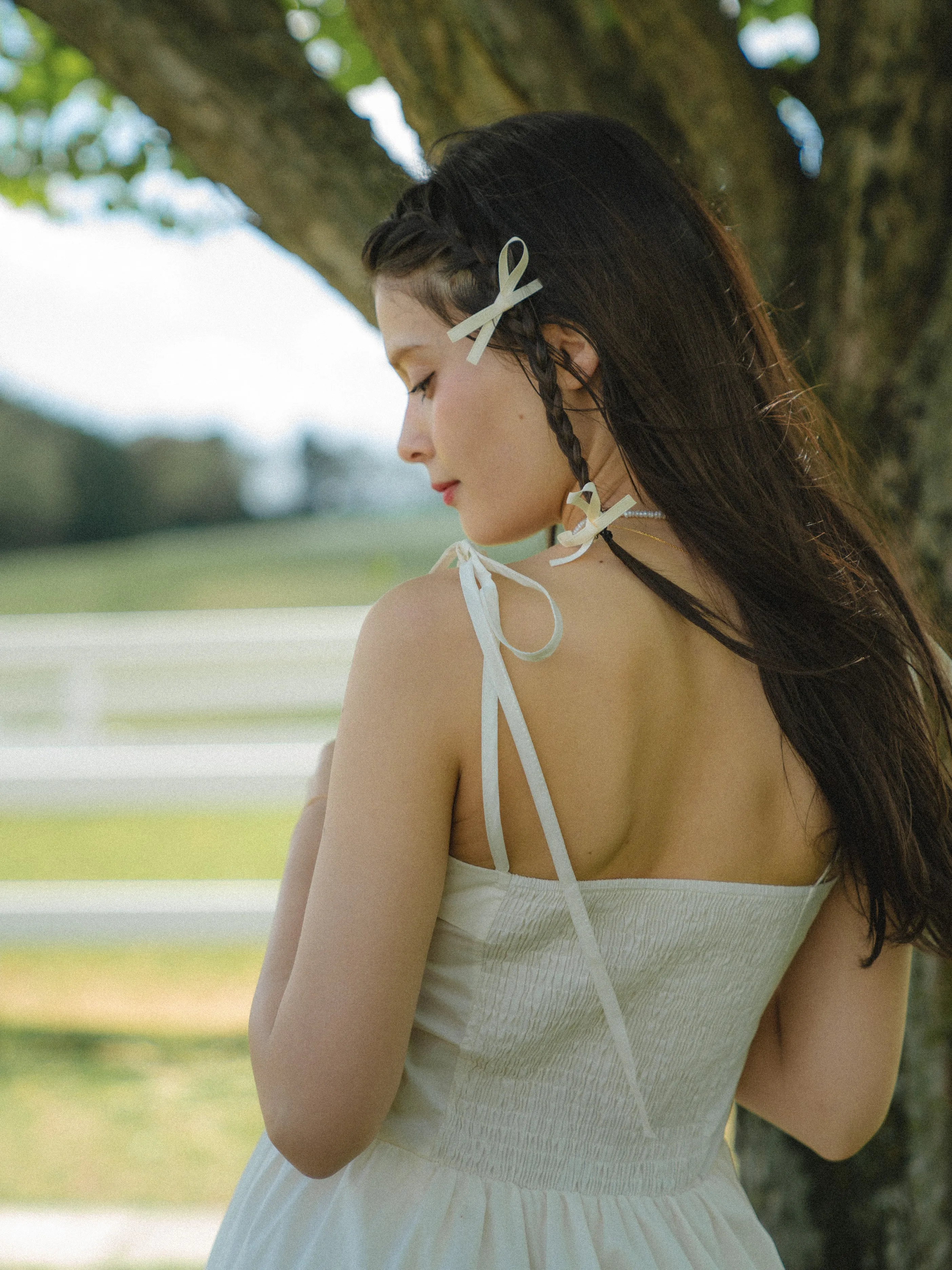 Shoulder Ribbon Gather Dress