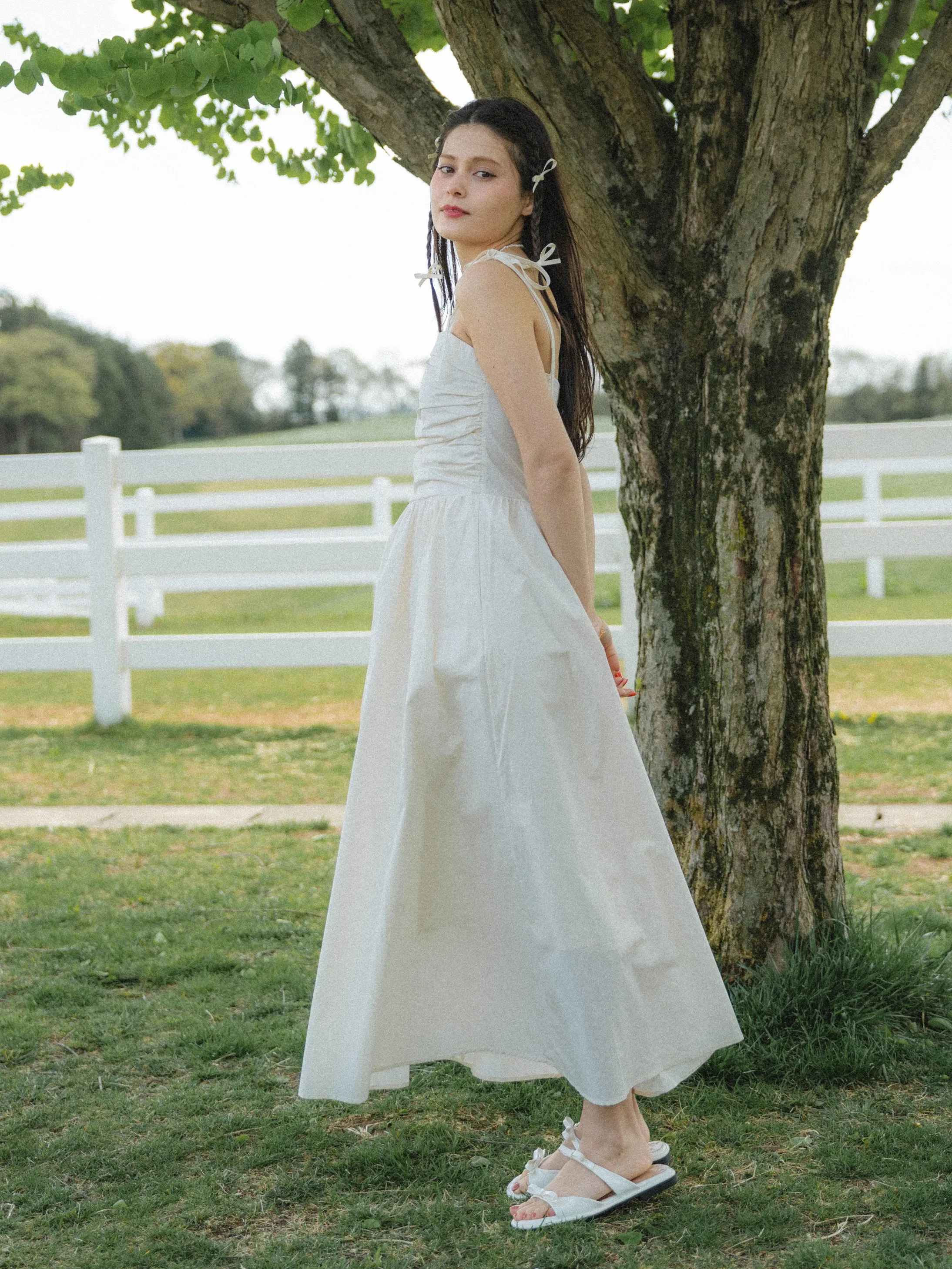 Shoulder Ribbon Gather Dress