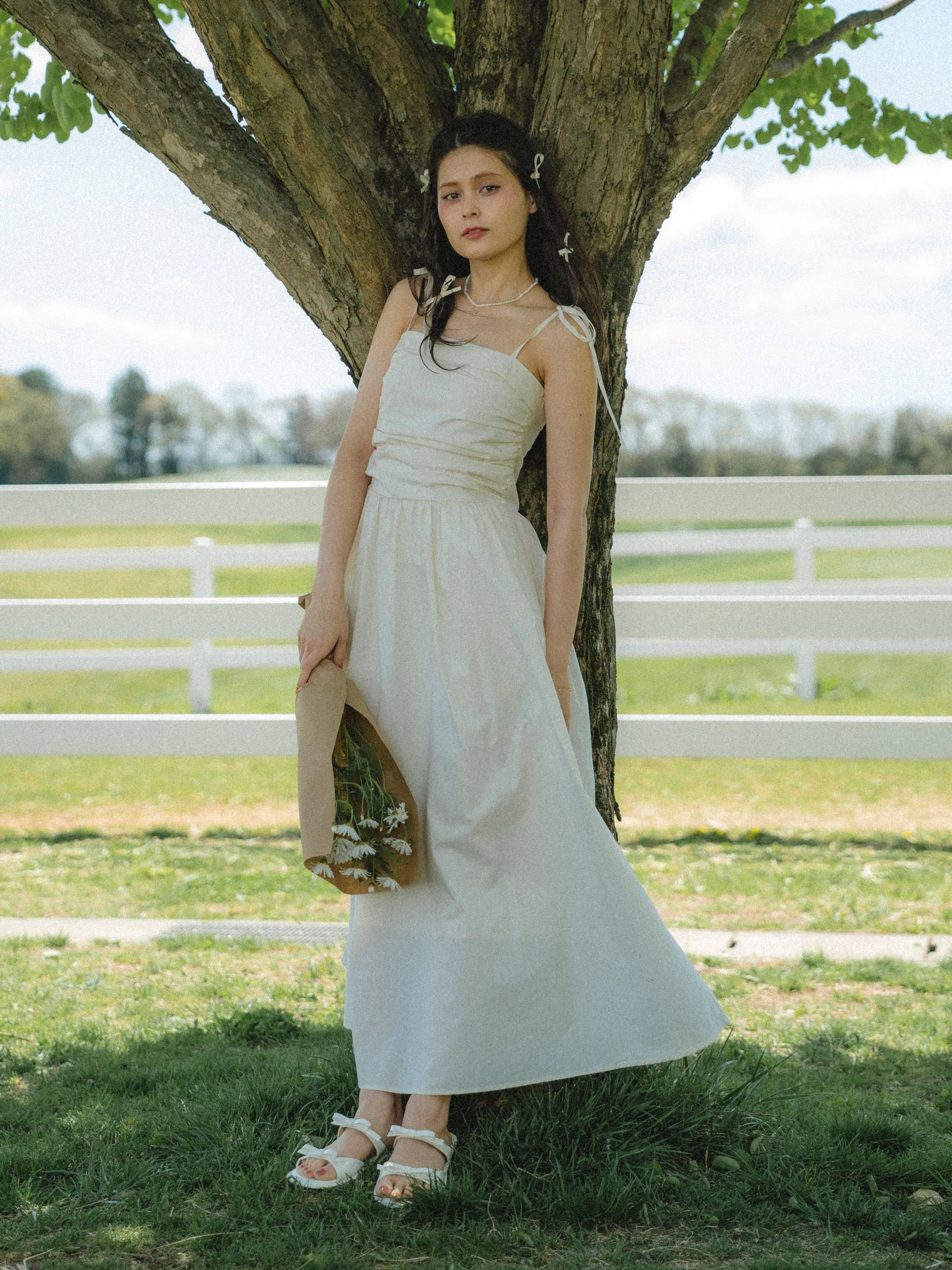 Shoulder Ribbon Gather Dress