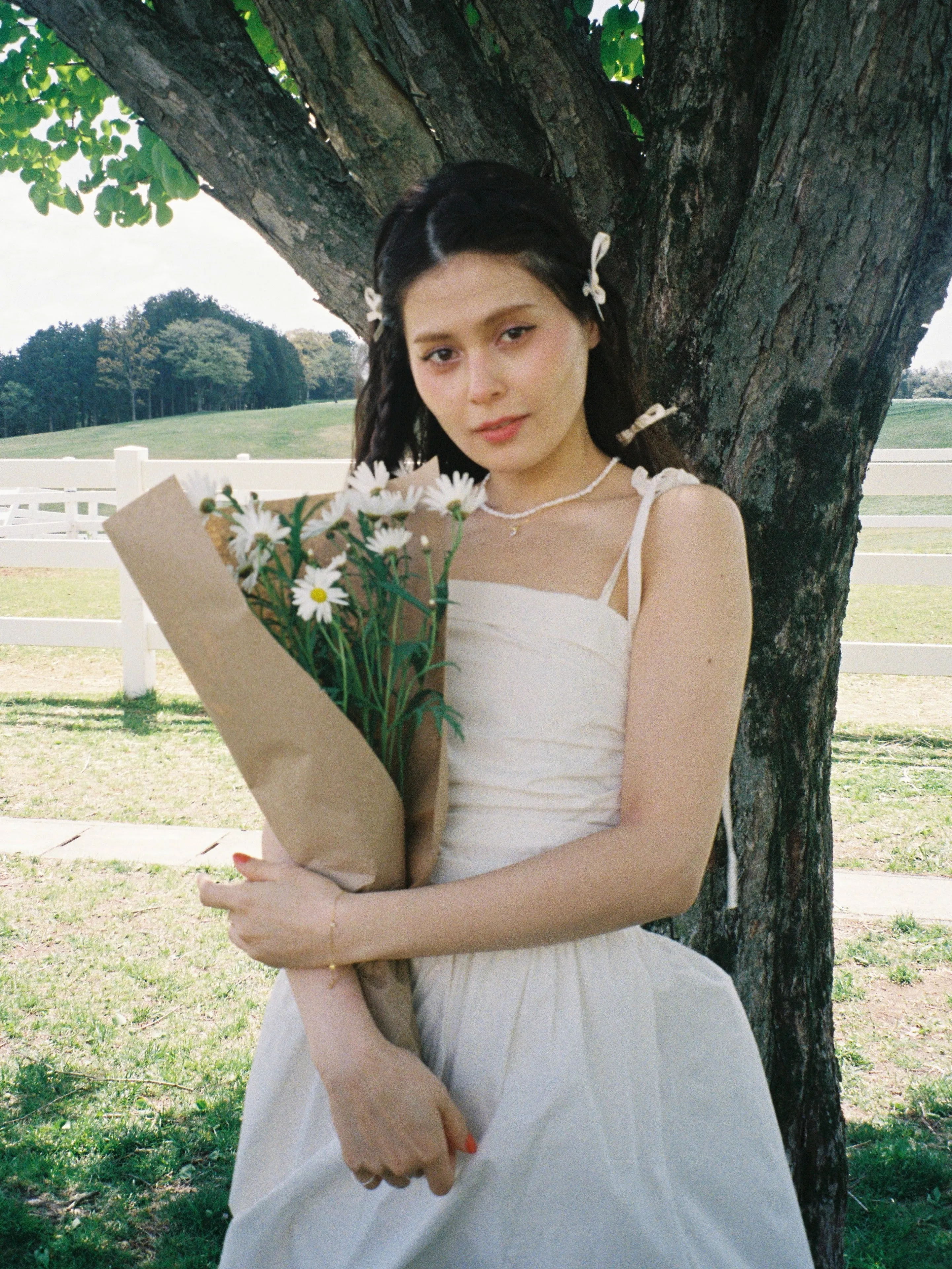 Shoulder Ribbon Gather Dress