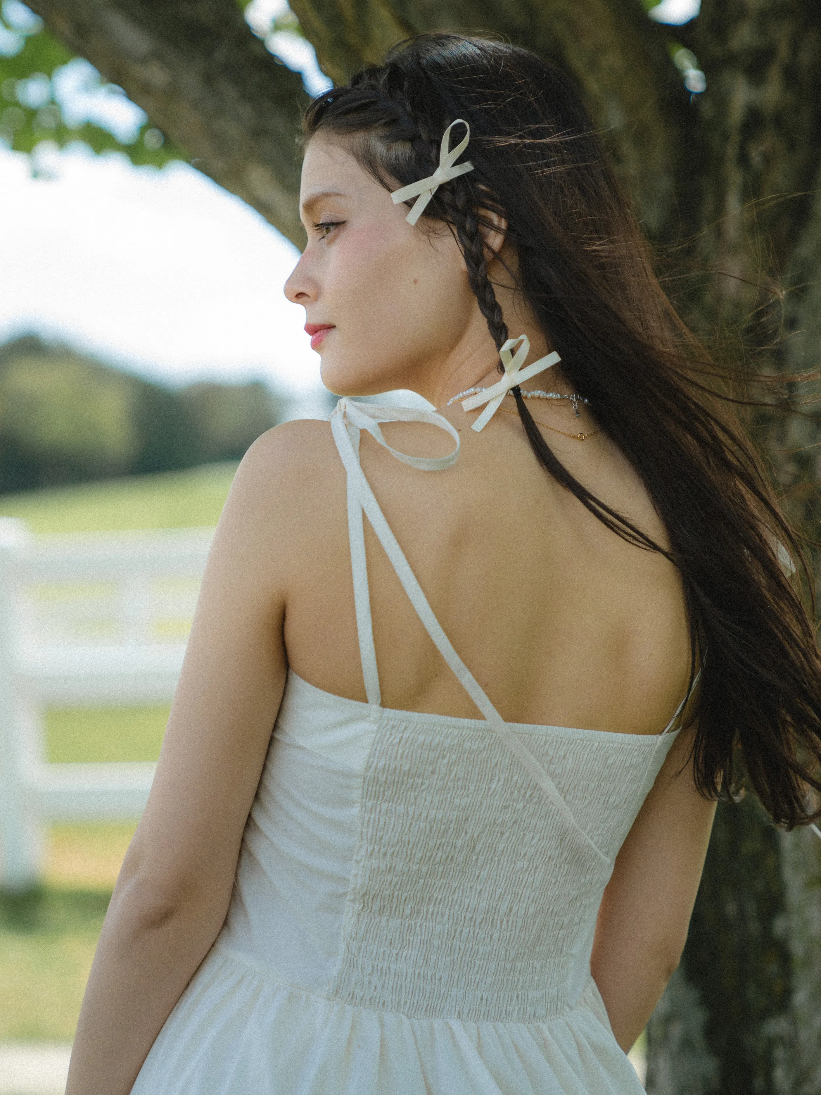 Shoulder Ribbon Gather Dress