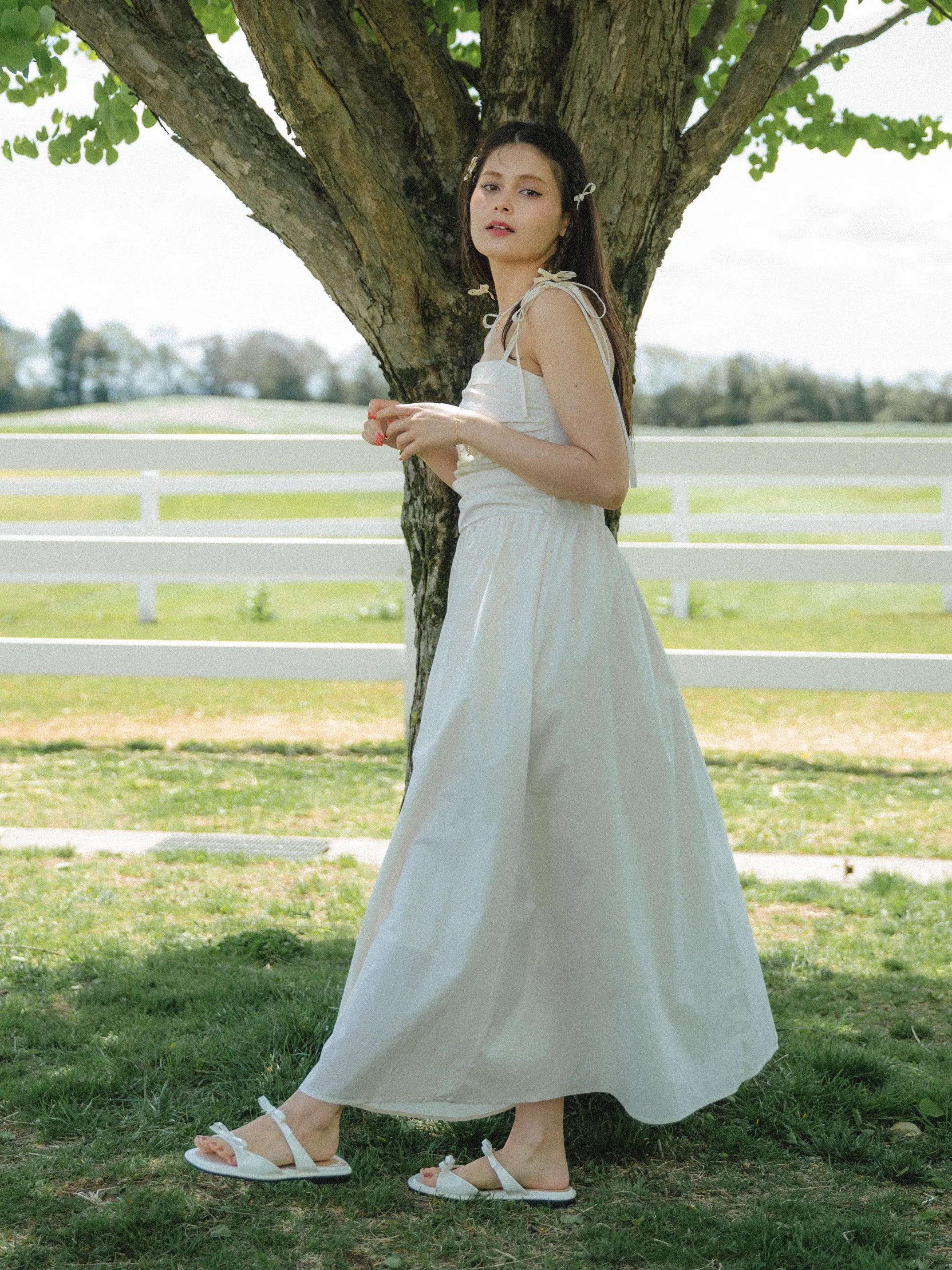 Shoulder Ribbon Gather Dress