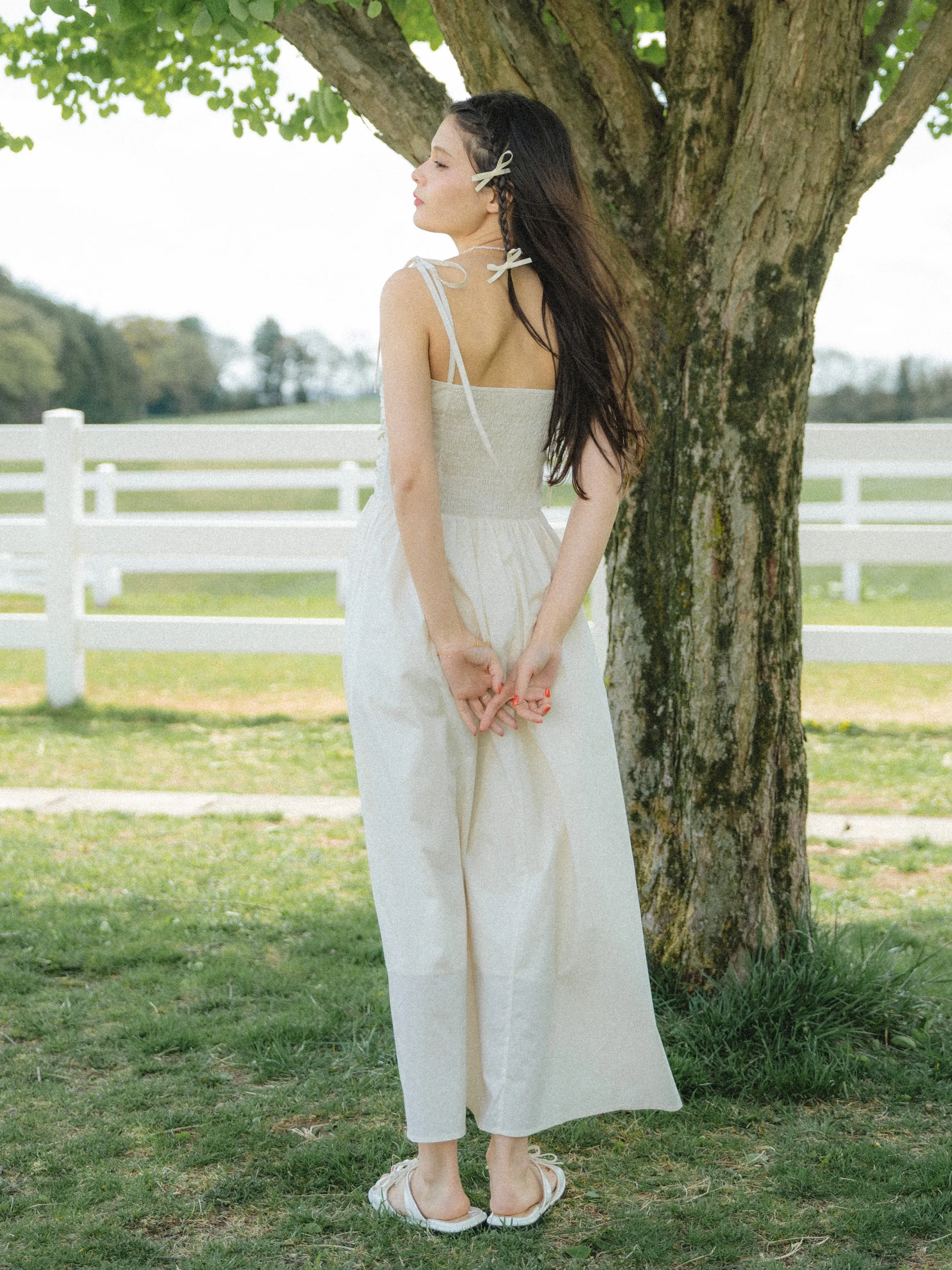 Shoulder Ribbon Gather Dress