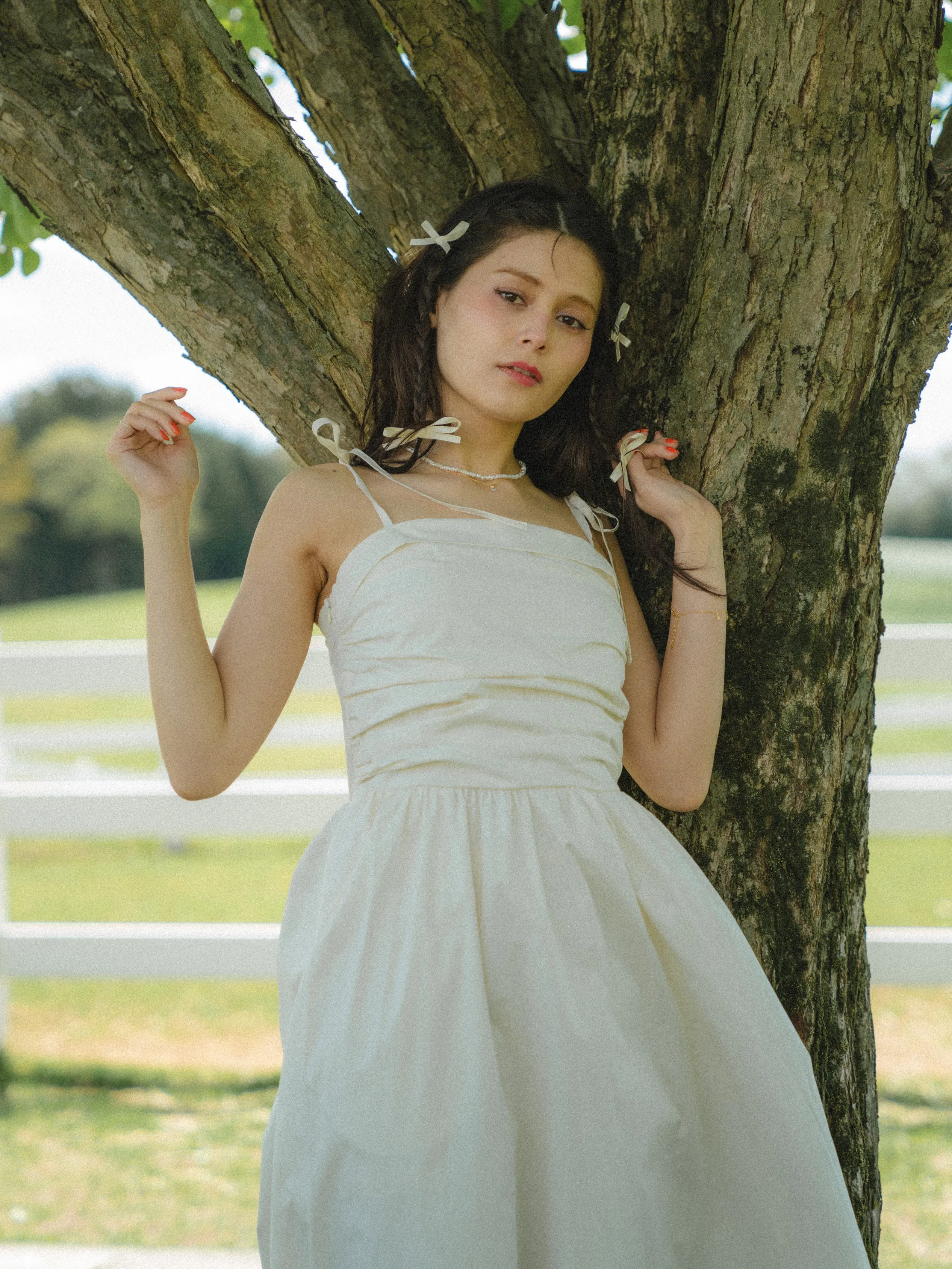 Shoulder Ribbon Gather Dress