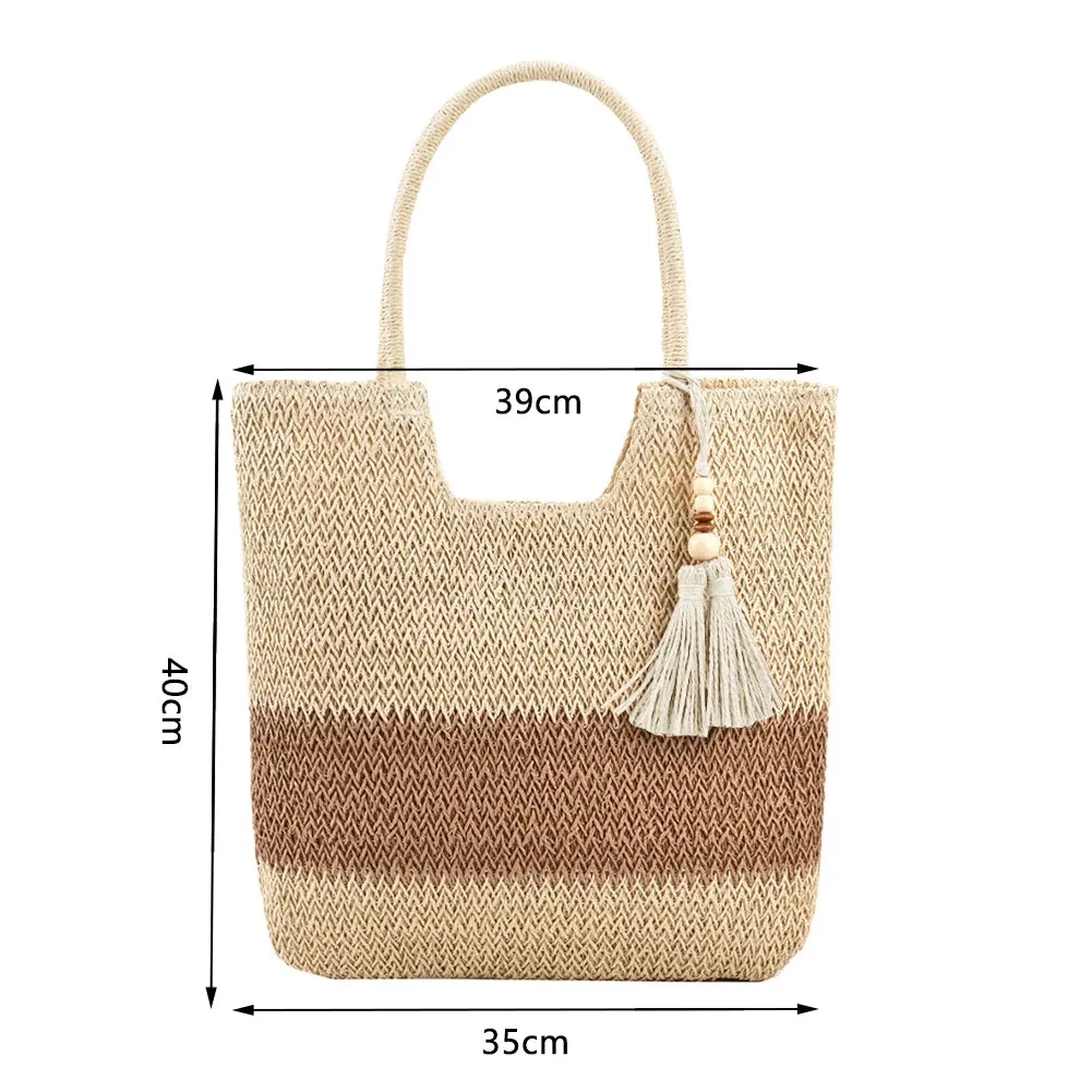 Sohiwoo 2024 Summer Straw Weaving Top-handle Bag Contrast Color Fashion Shoulder Bag with Tassel Large Capacity Ladies Vacation Tote Bag