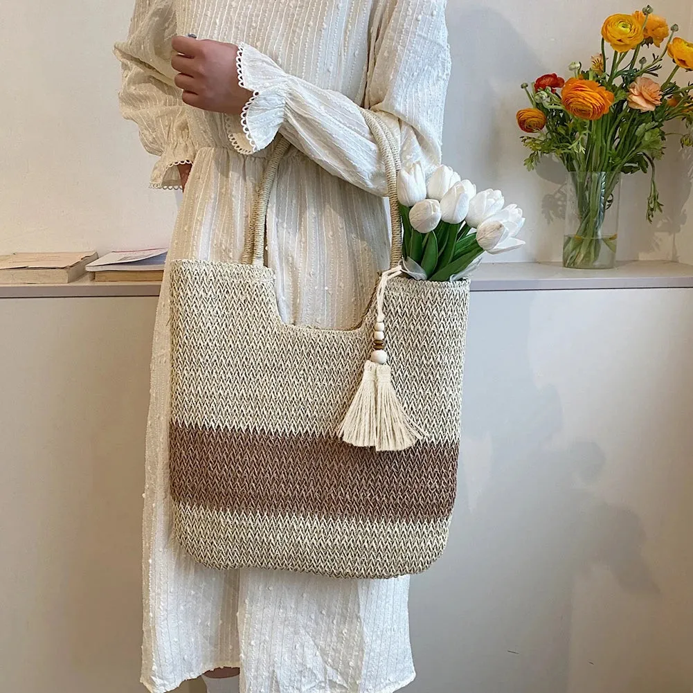 Sohiwoo 2024 Summer Straw Weaving Top-handle Bag Contrast Color Fashion Shoulder Bag with Tassel Large Capacity Ladies Vacation Tote Bag