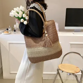 Sohiwoo 2024 Summer Straw Weaving Top-handle Bag Contrast Color Fashion Shoulder Bag with Tassel Large Capacity Ladies Vacation Tote Bag