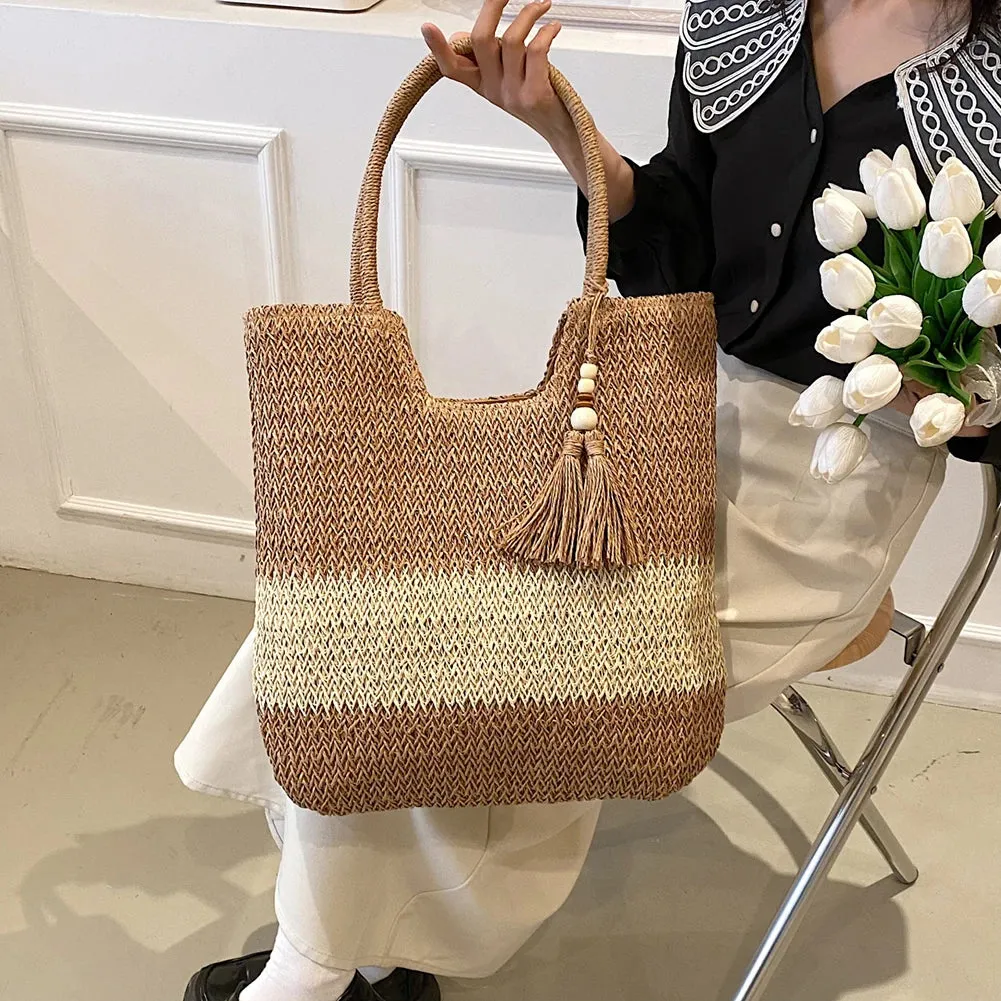 Sohiwoo 2024 Summer Straw Weaving Top-handle Bag Contrast Color Fashion Shoulder Bag with Tassel Large Capacity Ladies Vacation Tote Bag