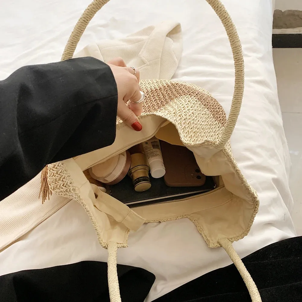 Sohiwoo 2024 Summer Straw Weaving Top-handle Bag Contrast Color Fashion Shoulder Bag with Tassel Large Capacity Ladies Vacation Tote Bag