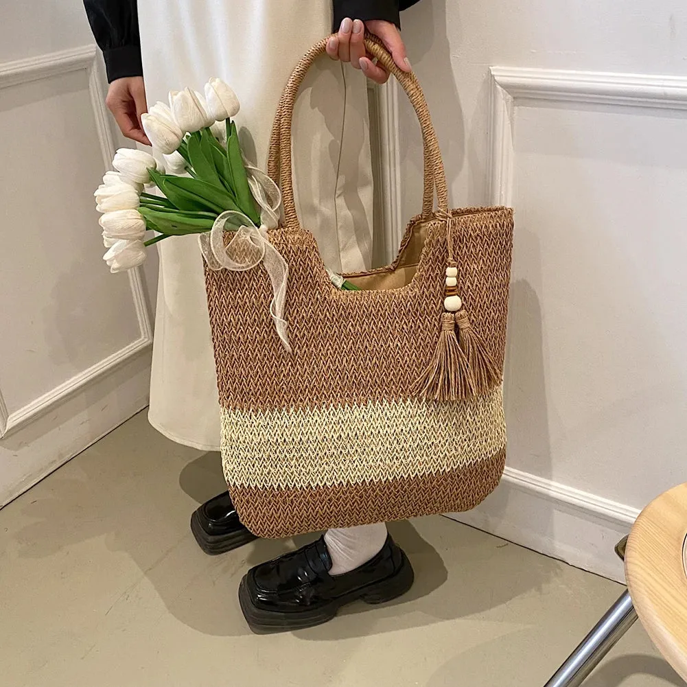 Sohiwoo 2024 Summer Straw Weaving Top-handle Bag Contrast Color Fashion Shoulder Bag with Tassel Large Capacity Ladies Vacation Tote Bag
