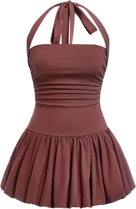 SOLY HUX Women's Bubble Mini Dress Y2K Halter Backless Club Party Graduation Short Dresses with Shorts Underneath