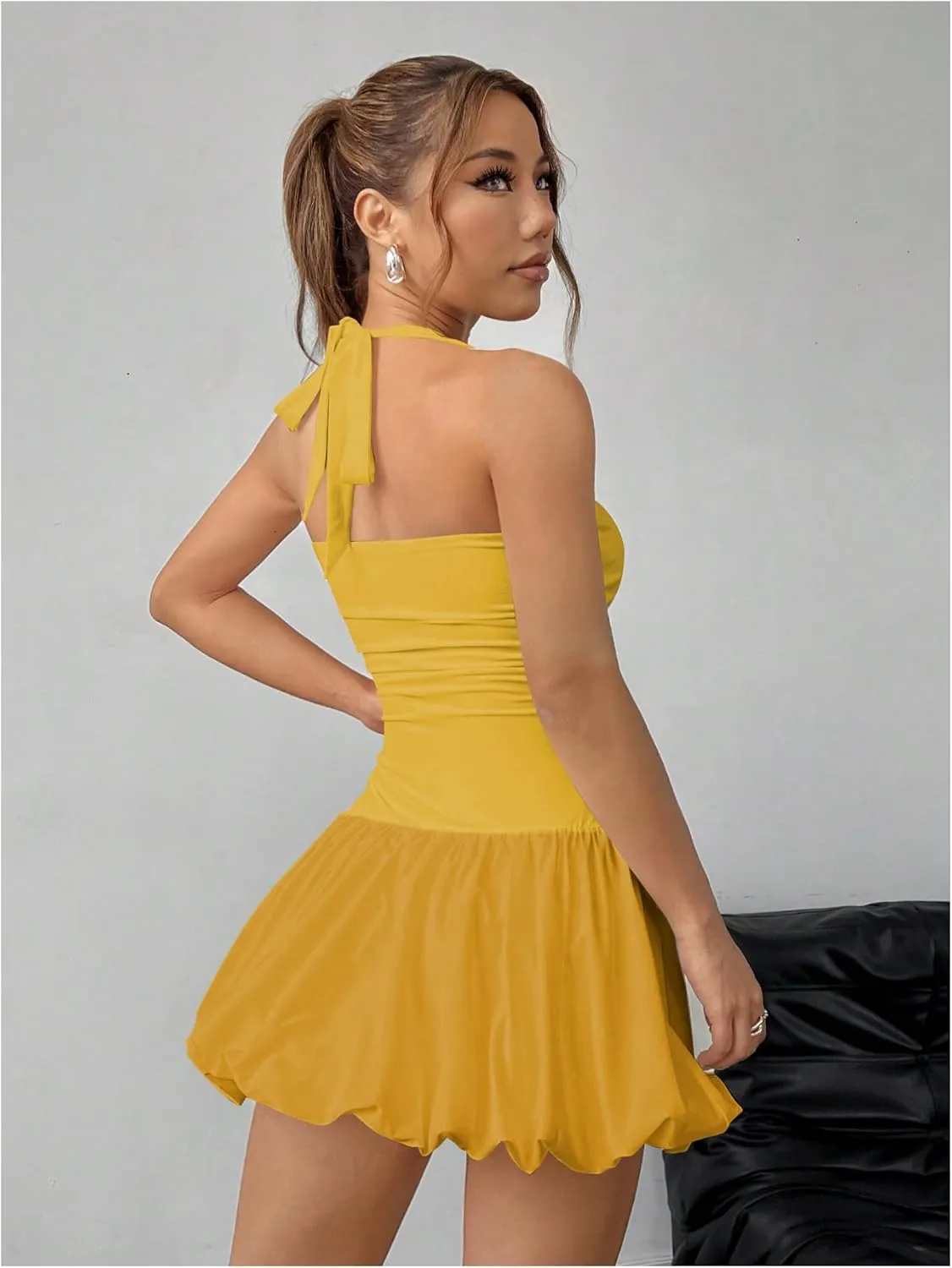 SOLY HUX Women's Bubble Mini Dress Y2K Halter Backless Club Party Graduation Short Dresses with Shorts Underneath