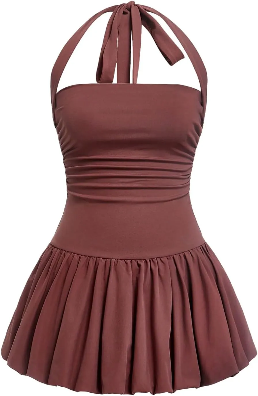 SOLY HUX Women's Bubble Mini Dress Y2K Halter Backless Club Party Graduation Short Dresses with Shorts Underneath