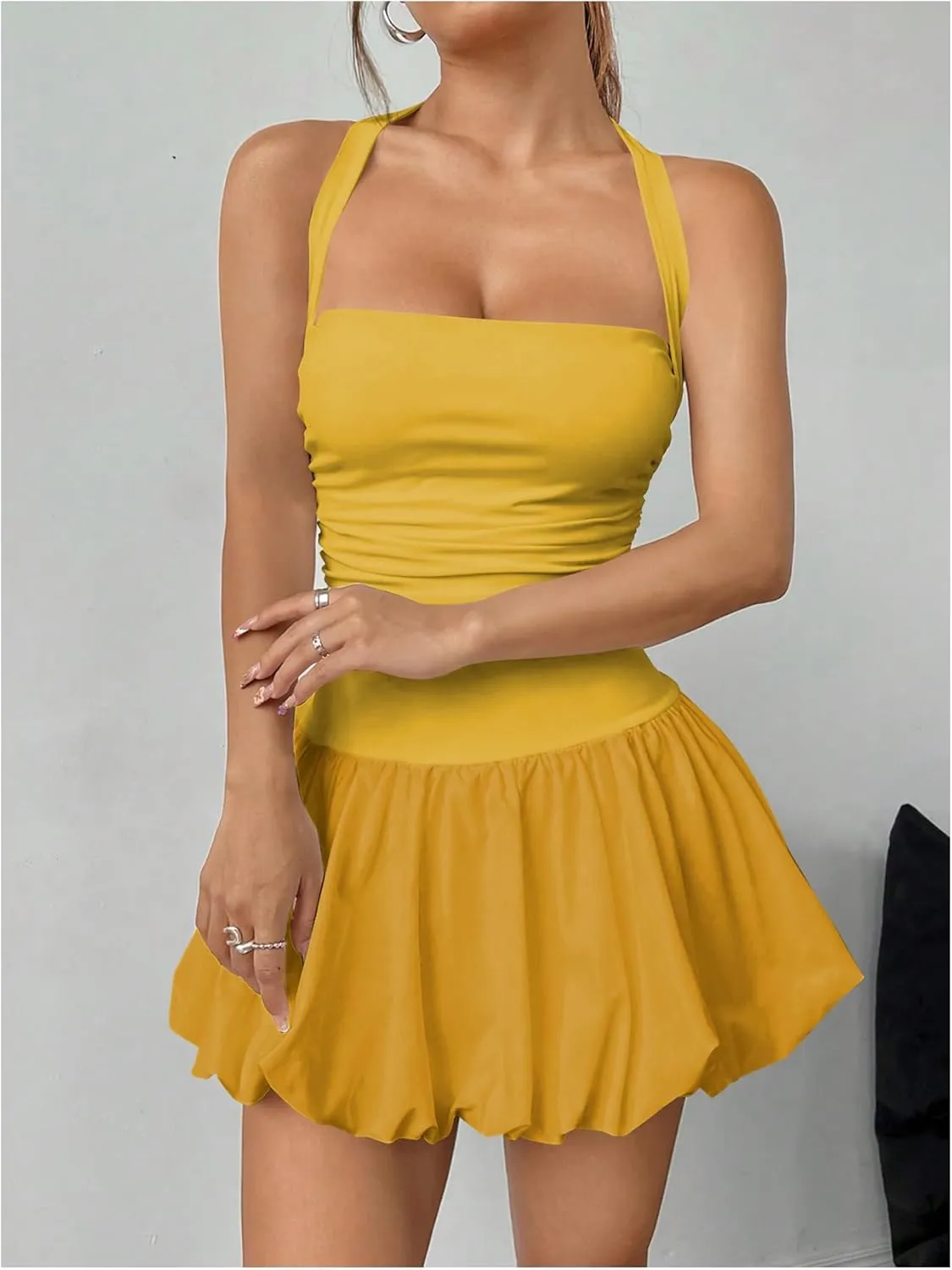 SOLY HUX Women's Bubble Mini Dress Y2K Halter Backless Club Party Graduation Short Dresses with Shorts Underneath