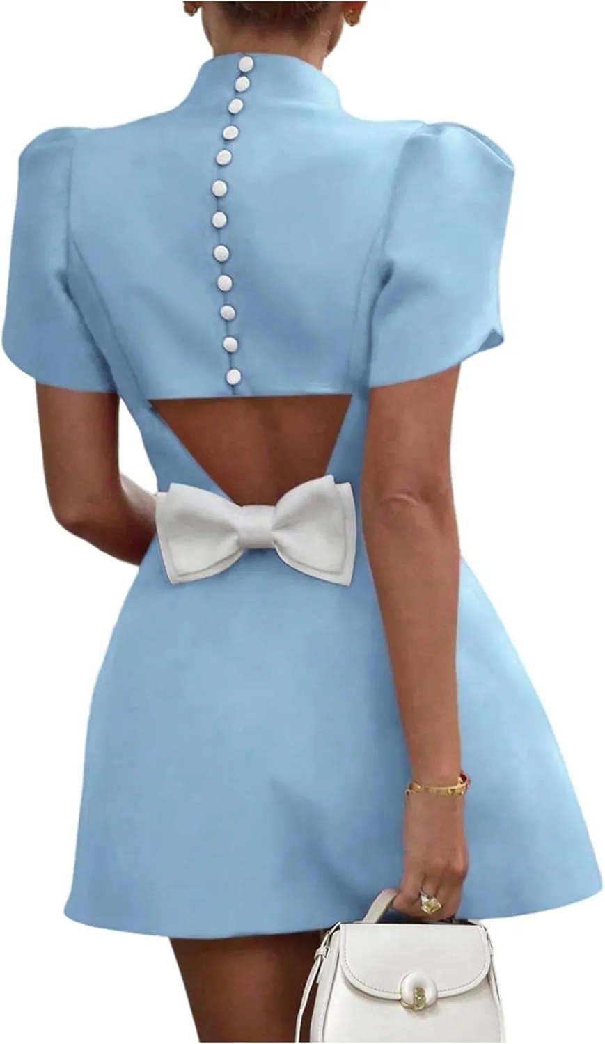 SOLY HUX Women's Mini Dress Cut Out Bow Mock Neck Puff Short Sleeve A Line Party Dresses