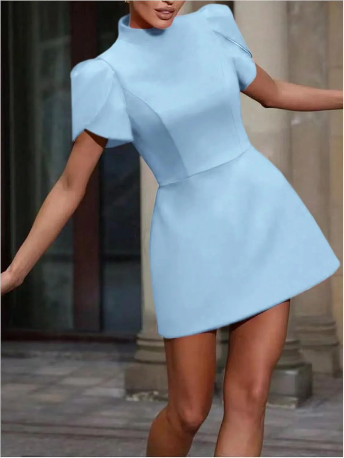 SOLY HUX Women's Mini Dress Cut Out Bow Mock Neck Puff Short Sleeve A Line Party Dresses