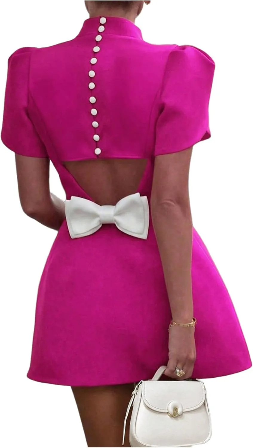 SOLY HUX Women's Mini Dress Cut Out Bow Mock Neck Puff Short Sleeve A Line Party Dresses
