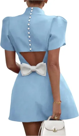SOLY HUX Women's Mini Dress Cut Out Bow Mock Neck Puff Short Sleeve A Line Party Dresses