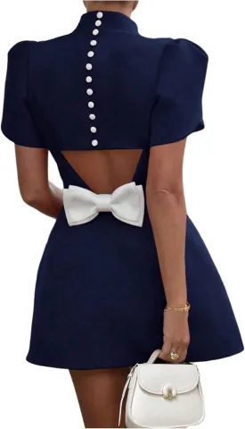 SOLY HUX Women's Mini Dress Cut Out Bow Mock Neck Puff Short Sleeve A Line Party Dresses